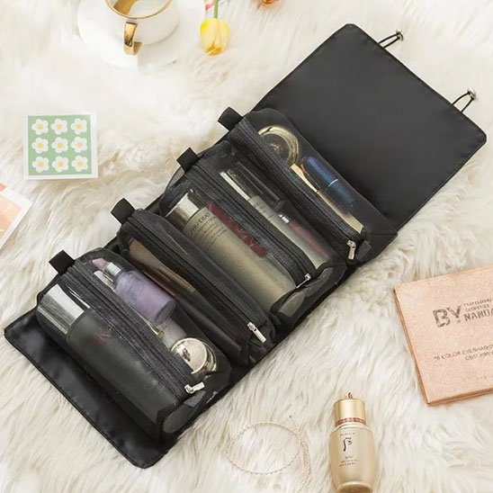 trousse pour maquillage multi-pochettes ouverte noire