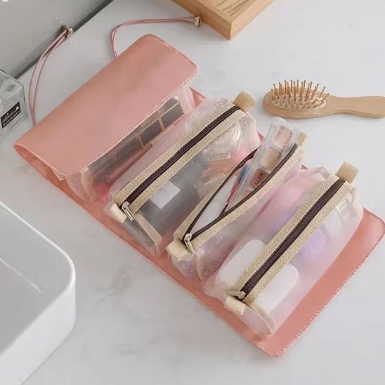 trousse pour maquillage multi-pochettes ouverte rose