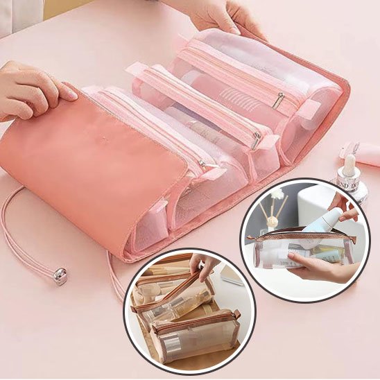 trousse pour maquillage multi-pochettes ouverte rose avec vignette