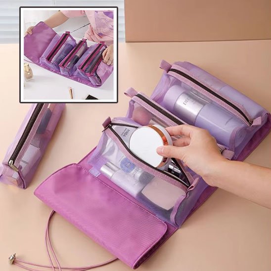 trousse pour maquillage multi-pochettes ouverte violet avec femme