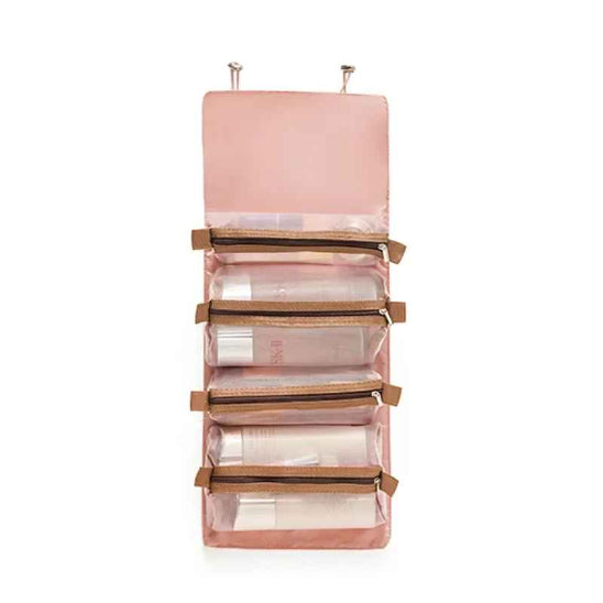 trousse pour maquillage multi pochettes rose a plat opuverte