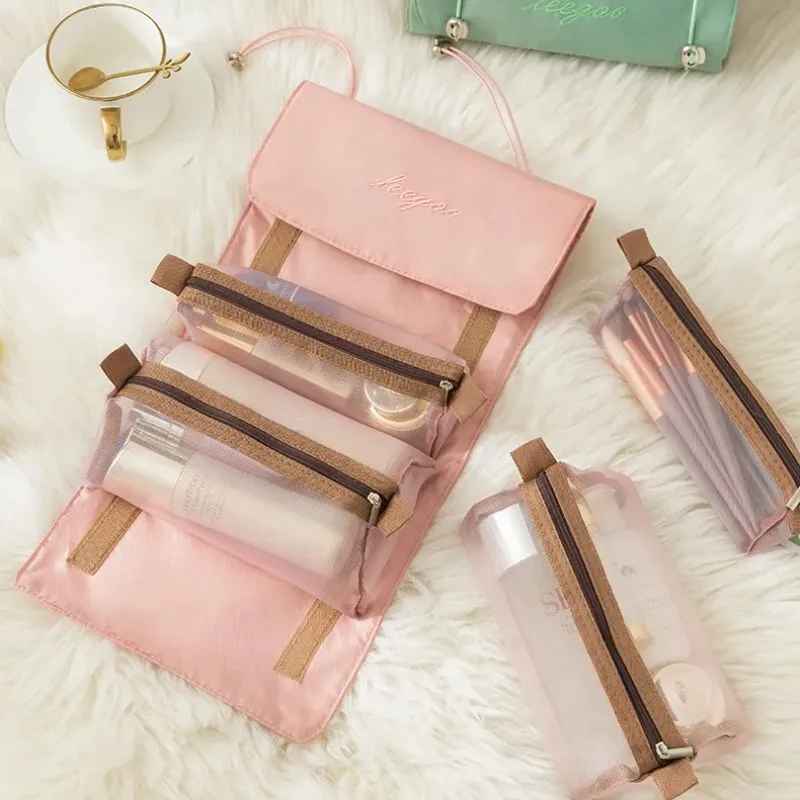 trousse pour maquillage multi pochettes rose ouverte pochette detachable