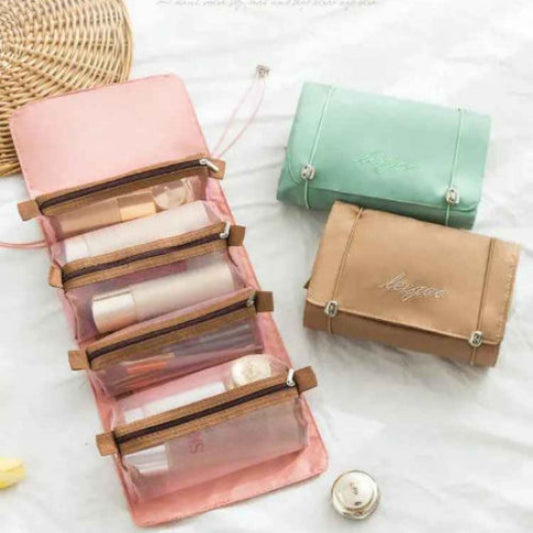 trousse pour maquillage multi pochettes rose ouverte verte et marron glace