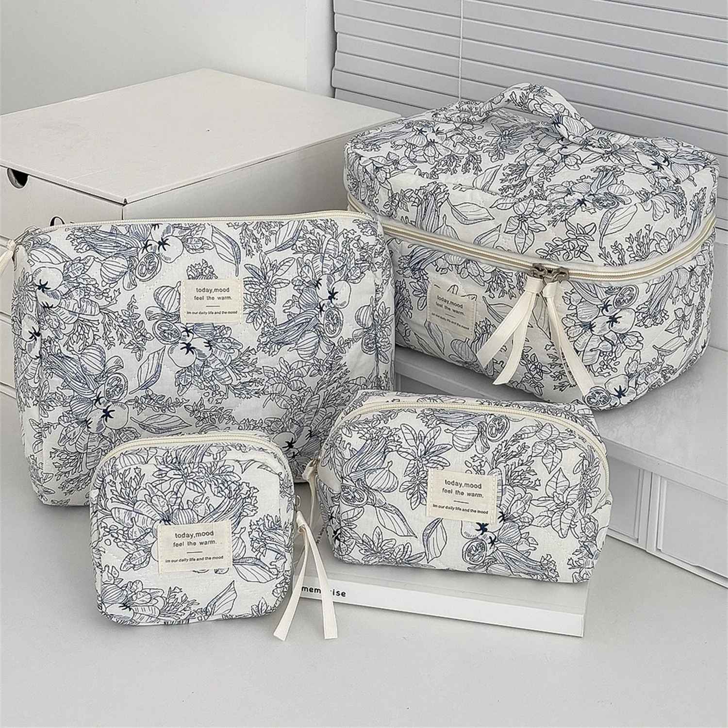 trousses maquillage en coton set de 4 motif floral bleu