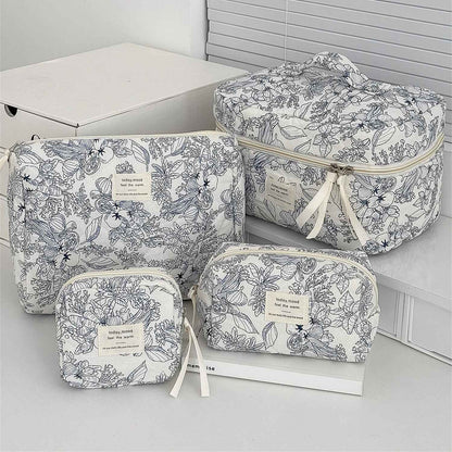 trousses maquillage en coton set de 4 motif floral bleu